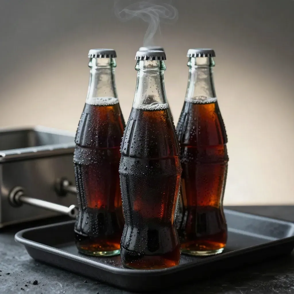 Three chilled unlabelled cola bottles beaded with condensation on a matte-black studio surface.