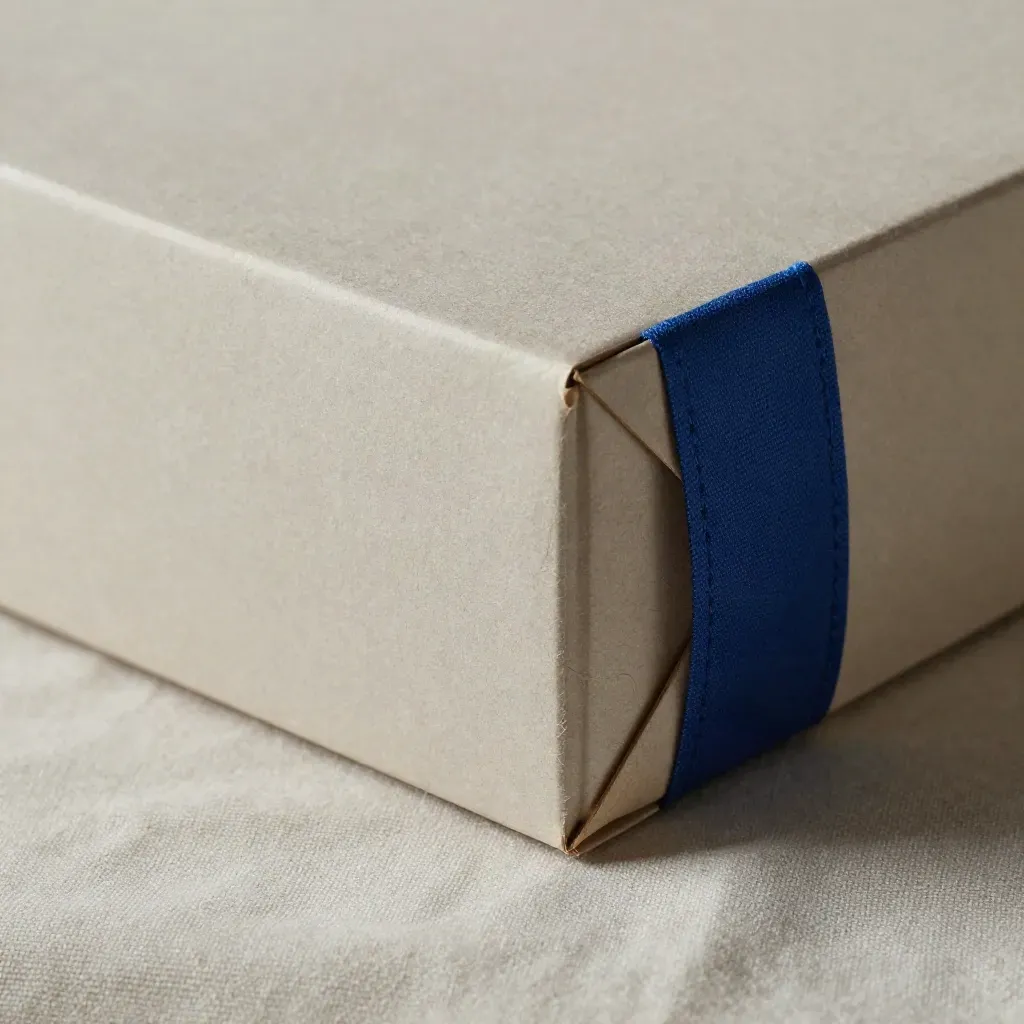 Top-down macro of a peach iced tea box emerging from folded linen with a cobalt fabric edge.