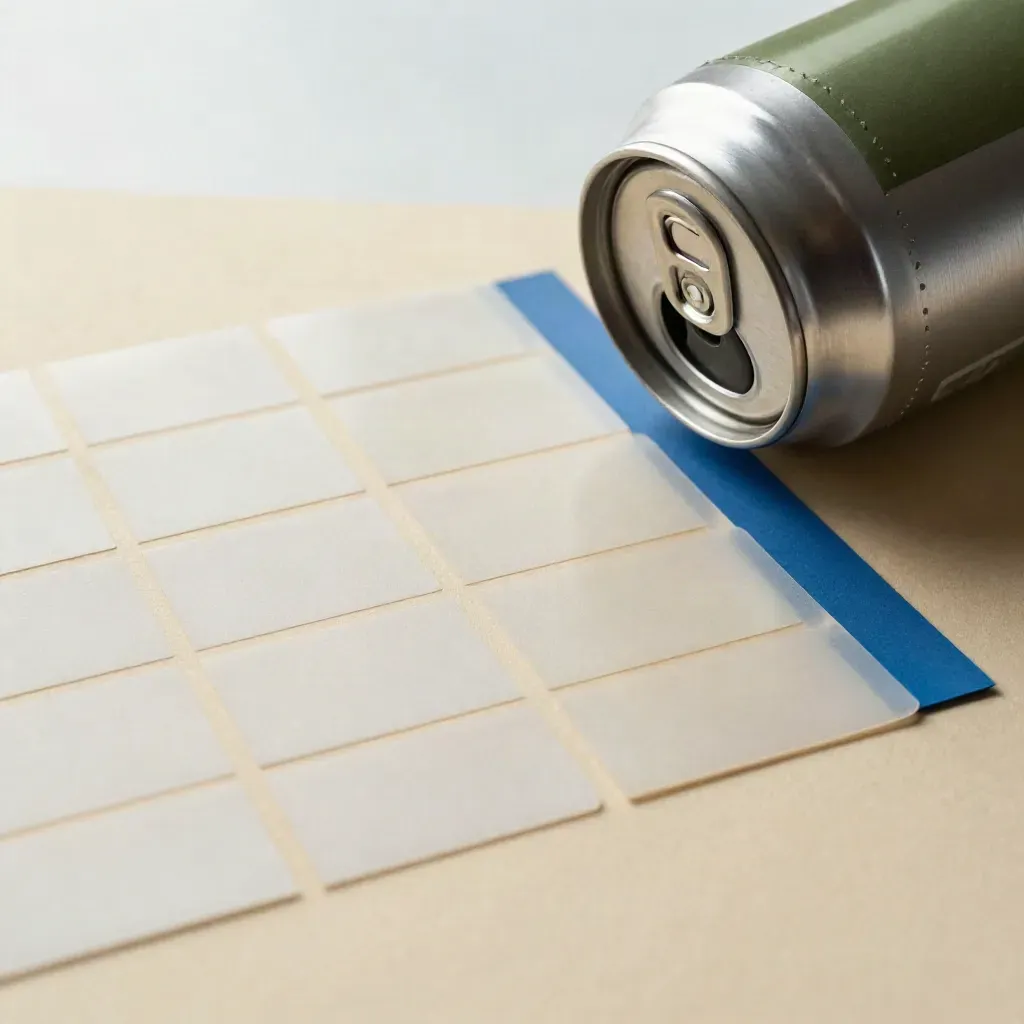 Blank label proof sheets, adhesive swatches, and an unprinted can shell in a top-down studio flat lay.