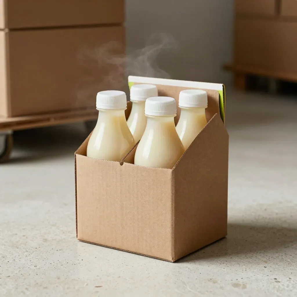 Mango juice transit carton with blank bottle necks and dividers on pale concrete.