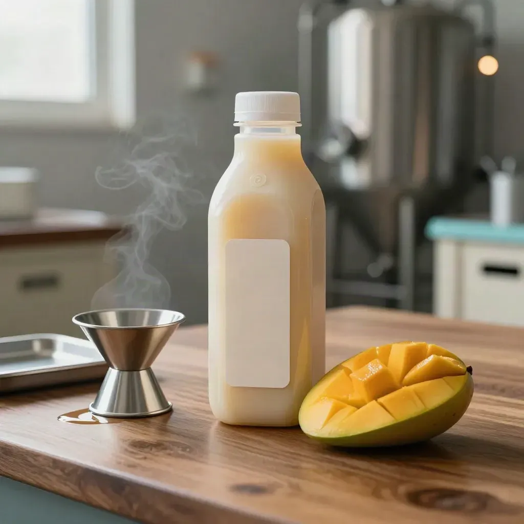 Mango juice base bottle with citrus wedge on a stainless prep surface in a bright bottling room.