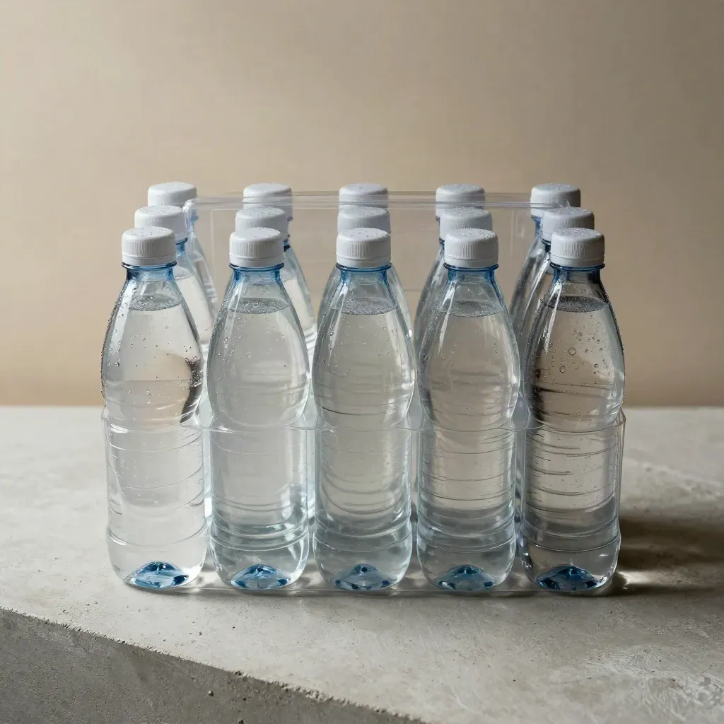 Top-down macro of a condensation-covered twelve-bottle water pack in a clear carrier on pale concrete.