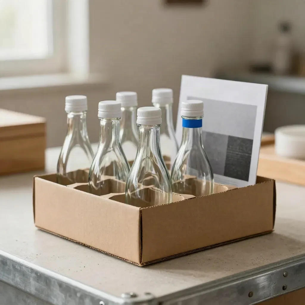 Clear glass bottles packed in a cardboard divider tray with a cobalt-blue accent.