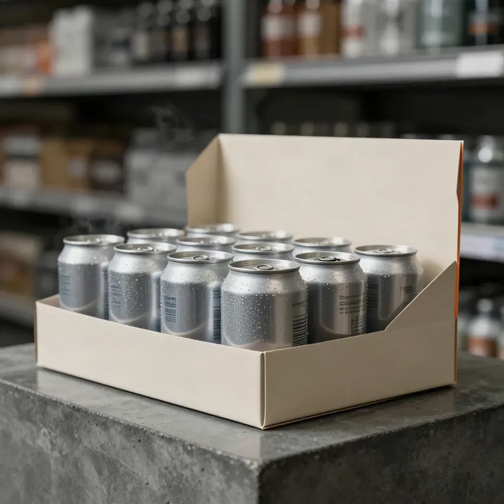 Shelf-ready retail tray display with small blank cans fanned out on graphite concrete